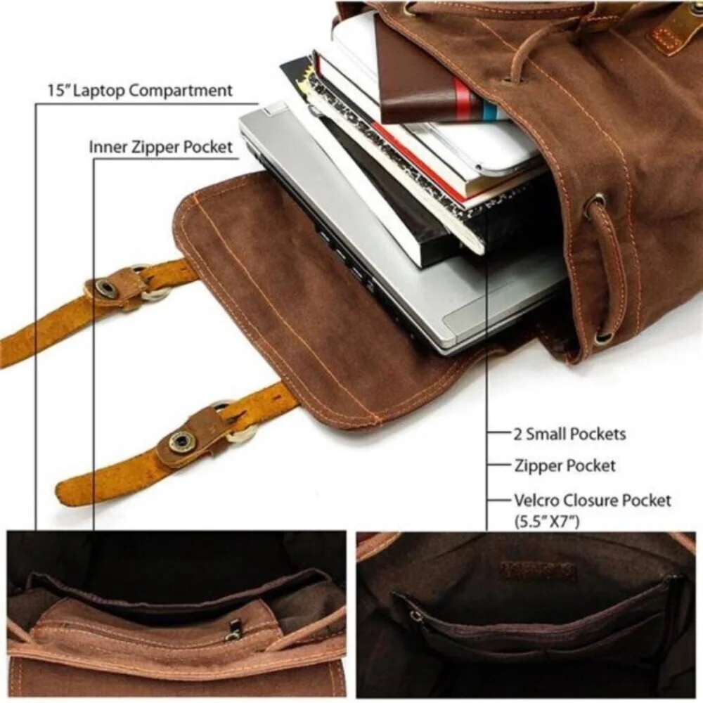 21L Vintage Canvas Backpack Leather Rucksack Knapsack 15inch Laptop Tote Satchel